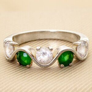 Elegant CZ Emerald and CZ Diamond Accent Ring, Yellow Gold Plating On 925 Silver